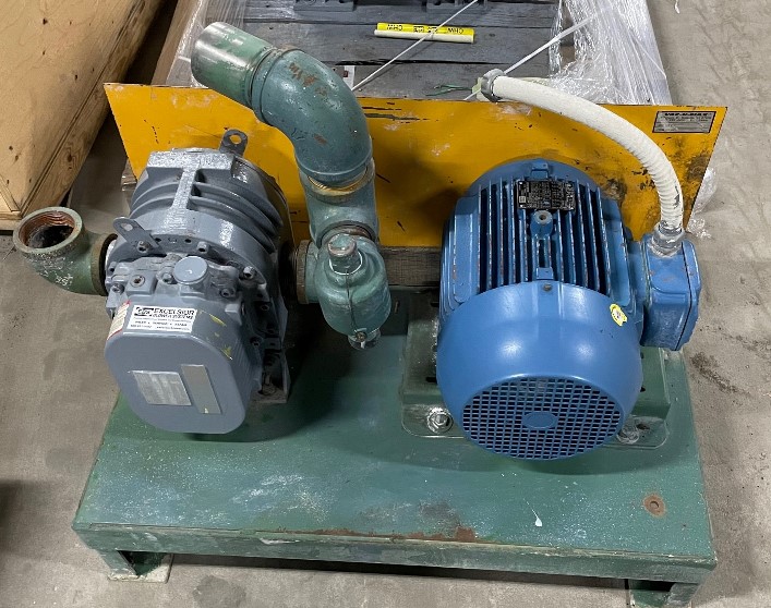 ***SOLD*** used Gardner Denver model GACMBRA Rotary Lobe Blower. Catalogue# 4MR.  On base with 7.5 HP, 208-230/460 volt, 1765 RPM motor. UNIT SPINS BY HAND. 